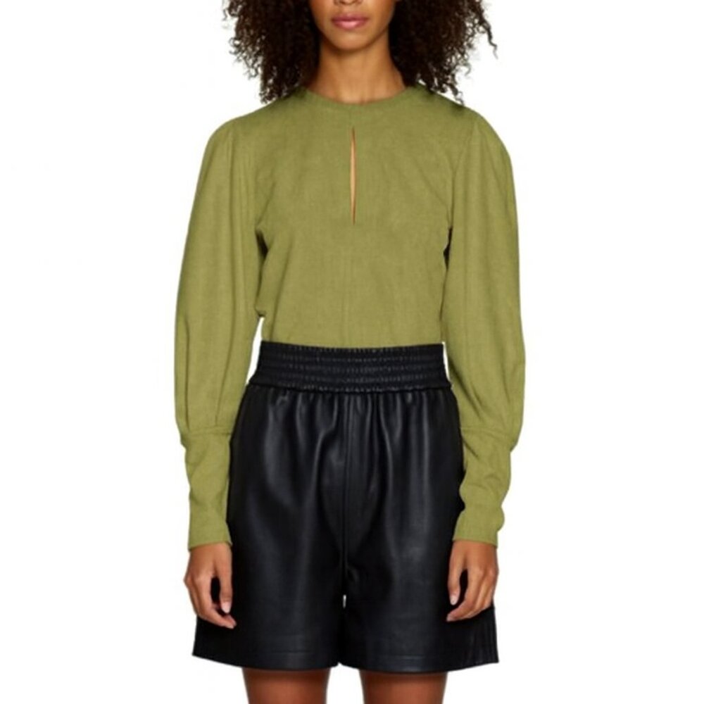 Walter Baker Aliva Top Puff Sleeve Olive Keyhole Crew Neck size Large Ribbed